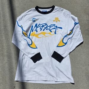 Market White Long-Sleeve Graphic Tee with Blue & Yellow Flame Accents